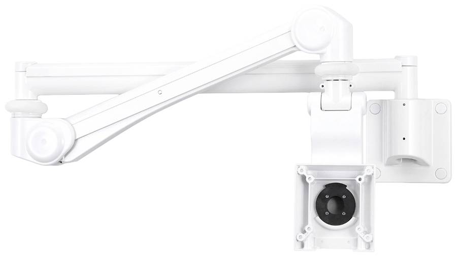 Ein weißer, verstellbarer Wandarm mit integrierter Kamera. Der Arm hat mehrere Gelenke zur flexiblen Ausrichtung.