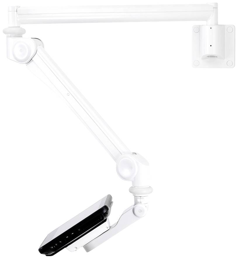 Weißer, beweglicher Wandarm mit Tablethalterung. Der Arm hat mehrere Gelenke für maximale Flexibilität und Ausrichtungsmöglichkeiten.