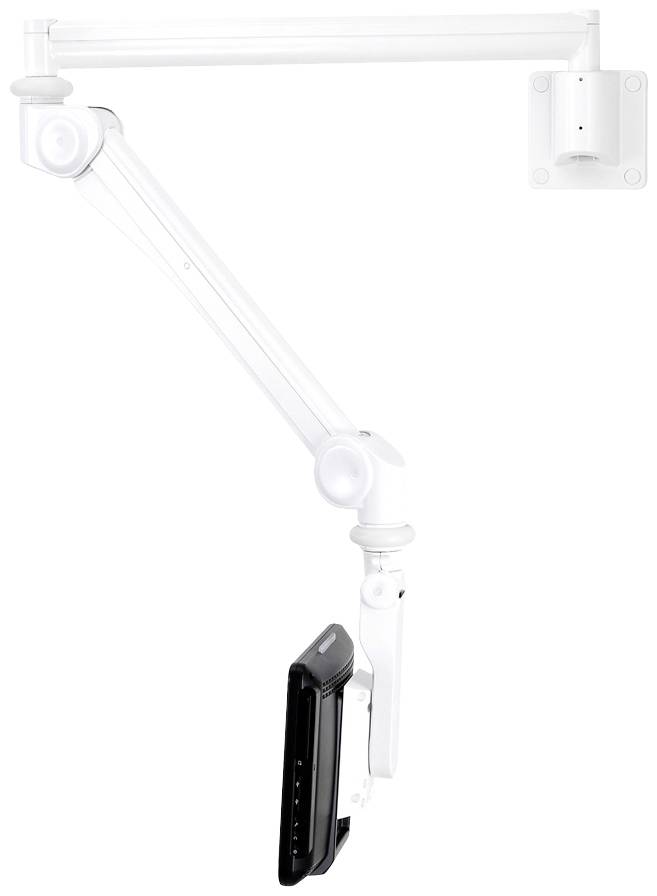 Bild eines weißen, verstellbaren Wandarms mit Halterung für einen Monitor. Der Arm hat mehrere Gelenke zur flexiblen Positionierung.