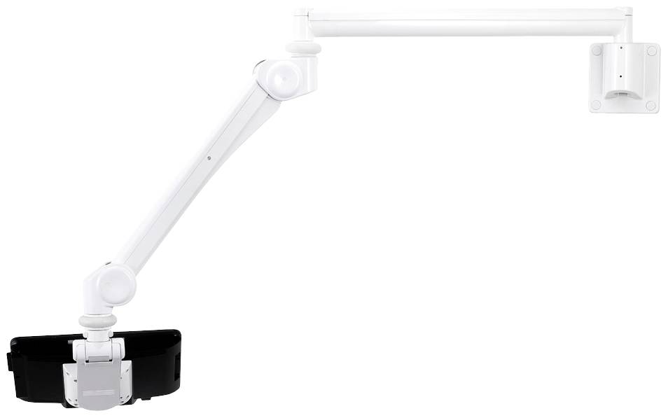 Ein weißer, verstellbarer Wandarm mit zwei Gelenken, der einen Monitorhalter trägt. Ideal zur flexiblen Positionierung von Bildschirmen.