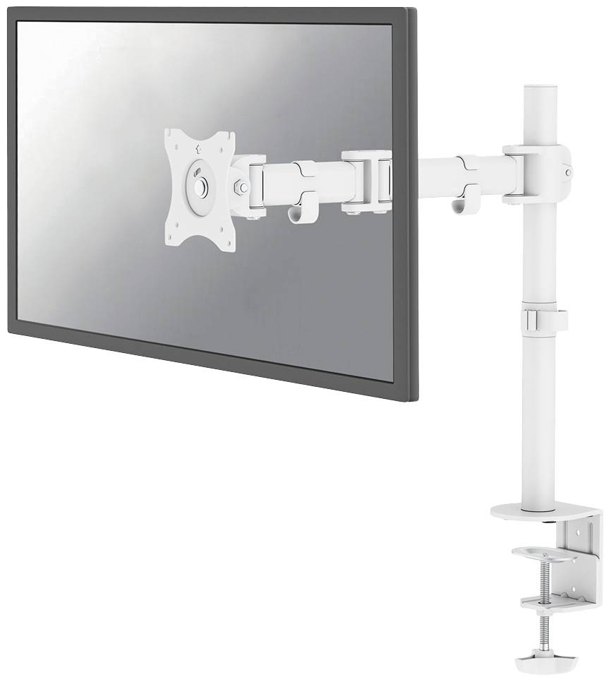 Ein verstellbarer Monitorarm in Weiß ist an einem Tisch befestigt, um einen Bildschirm flexibel zu halten. Ideal für ergonomisches Arbeiten.