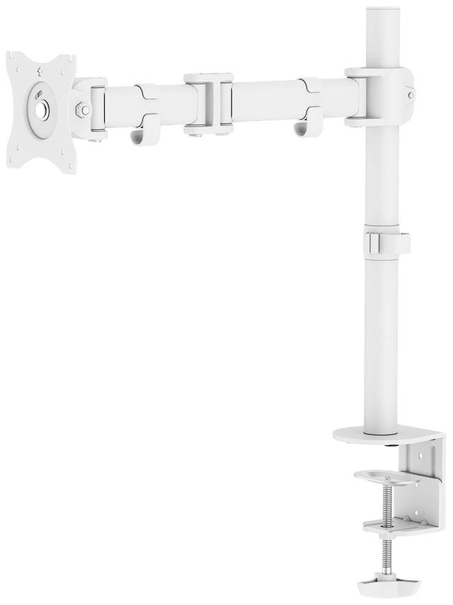 Weißer Monitorarm aus Metall, der an einem Tisch befestigt wird; bietet flexible Einstellmöglichkeiten für Monitore.