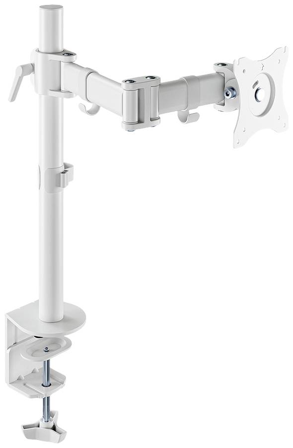 Weißer Monitorhalter mit verstellbarem Arm und Klemme zur Befestigung an einem Schreibtisch. Geeignet für flexible Bildschirmplatzierung.