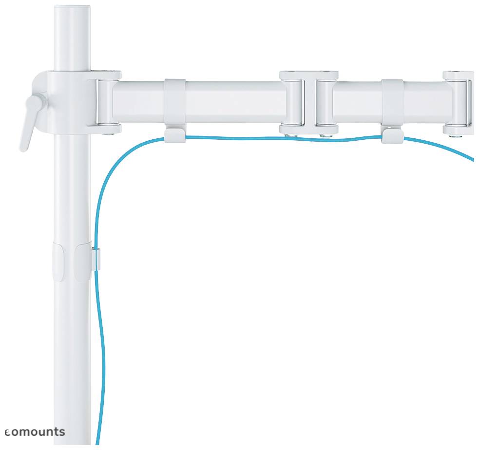 Ein weißer, verstellbarer Monitorarm an einer vertikalen Halterung, mit einem blauen Kabel, das entlang der Halterung verläuft.