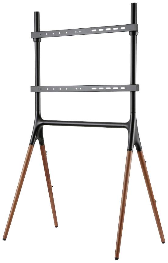 Metallständer auf Holzbeinen zur Unterstützung eines Flachbildfernsehers, geeignet für verschiedene Bildschirmgrößen.