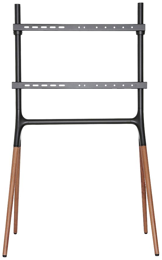 Schwarzer TV-Ständer mit zwei horizontalen Halterungen, montiert auf vier Holzbeinen. Geeignet für modernen Wohnraum.