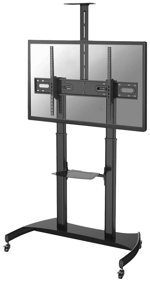 Ein schwarzer fahrbarer TV-Ständer mit verstellbarer Höhe, passend für große Flachbildschirme, auf Rollen für einfache Mobilität.