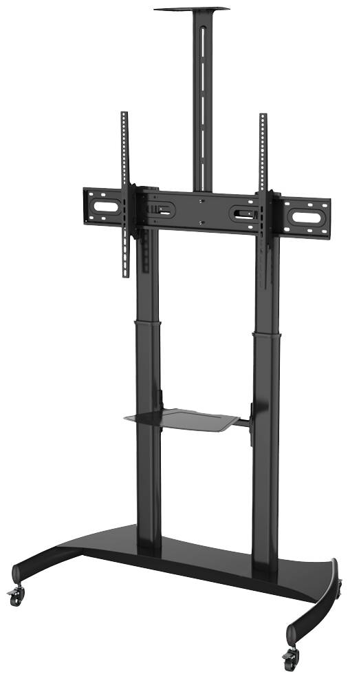 Ein schwarzer, rollbarer TV-Ständer mit verstellbarer Halterung und Ablagefläche, geeignet für große Bildschirme.