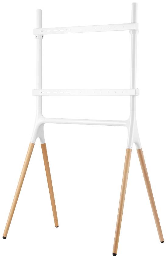 Weißer TV-Ständer mit Holzbeinen, geeignet für Flachbildschirme. Moderner, minimalistischer Stil. Geeignet für Wohnzimmer.