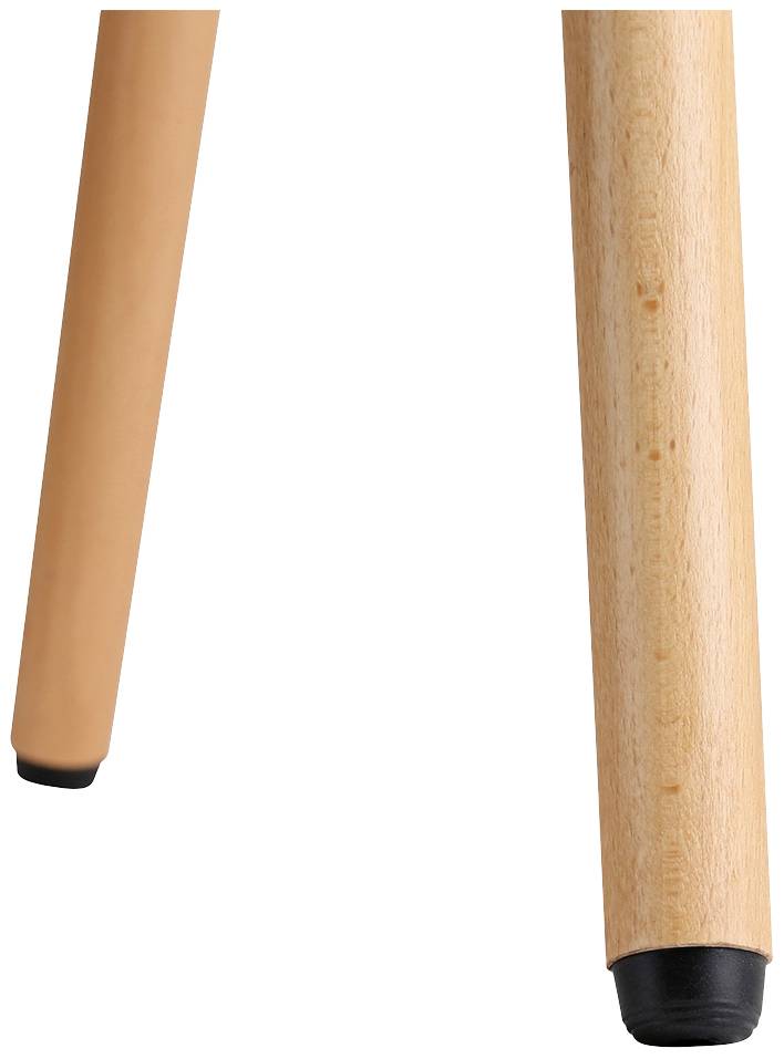 Ein Tischbein aus hellem Holz mit schwarzem Gummifuß auf hellem Hintergrund.