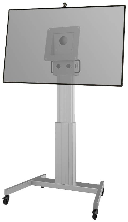 Ein großer, verstellbarer Bildschirmständer auf Rollen, geeignet für Präsentationen in Konferenzen oder Büros.