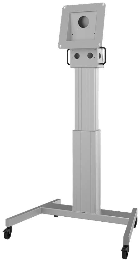 Höhenverstellbarer Tablet-Ständer aus Metall auf Rollen, geeignet für Präsentationen oder Infopoints in öffentlichen Bereichen.