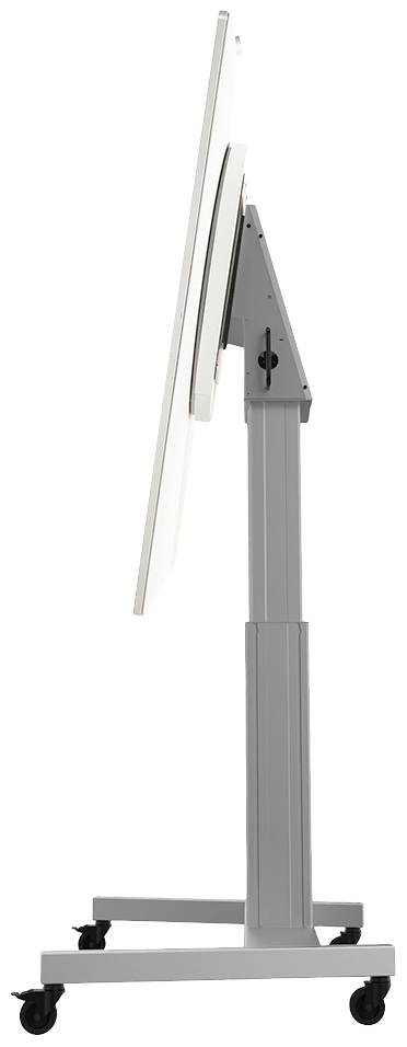 Ein höhenverstellbarer, mobiler Bildschirmständer seitlich gezeigt, mit einem stabilen Metallgestell auf Rollen.