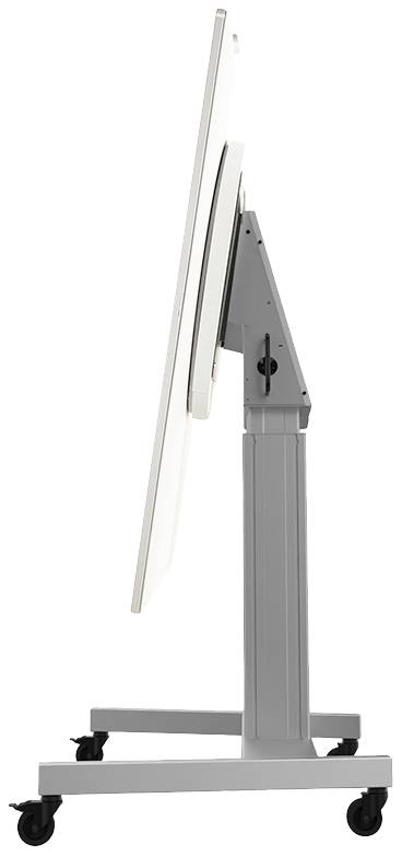 Seitenansicht eines höhenverstellbaren, weißen, mobilen Whiteboards auf Rollen, das leicht geneigt auf einem grauen Gestell steht.
