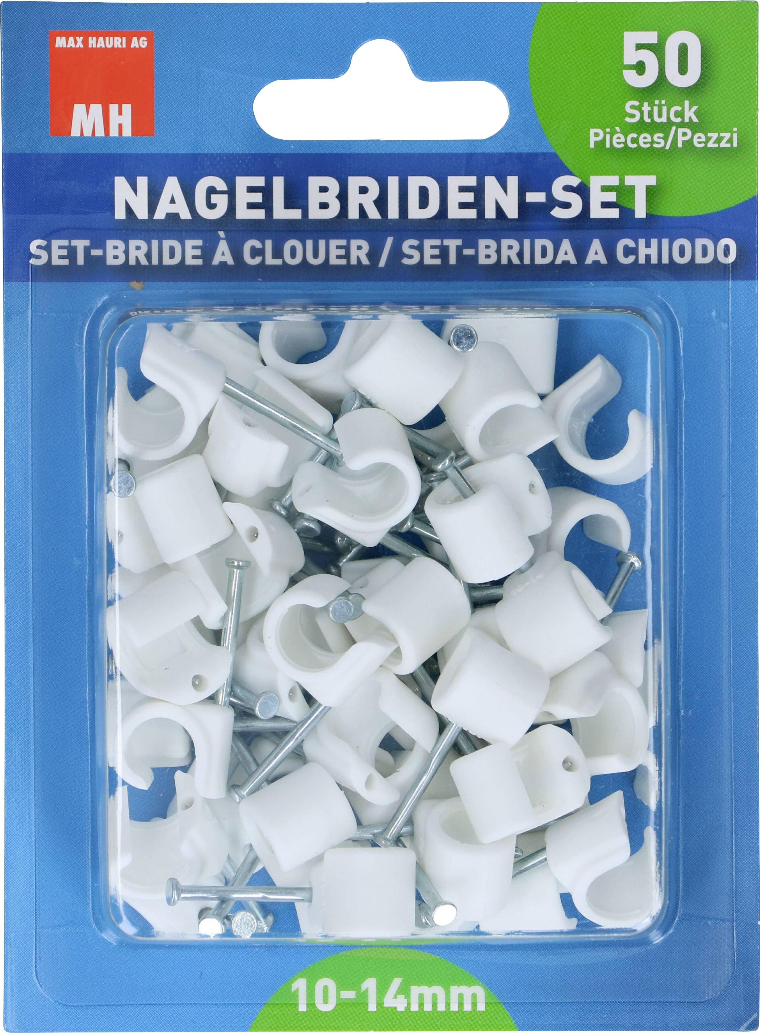 'Nagelbriden-Set' enthält 50 weiße Kabelhalter in verschiedenen Größen (10-14mm) mit Nägeln. Verpackung zeigt Anwendungsbereiche.