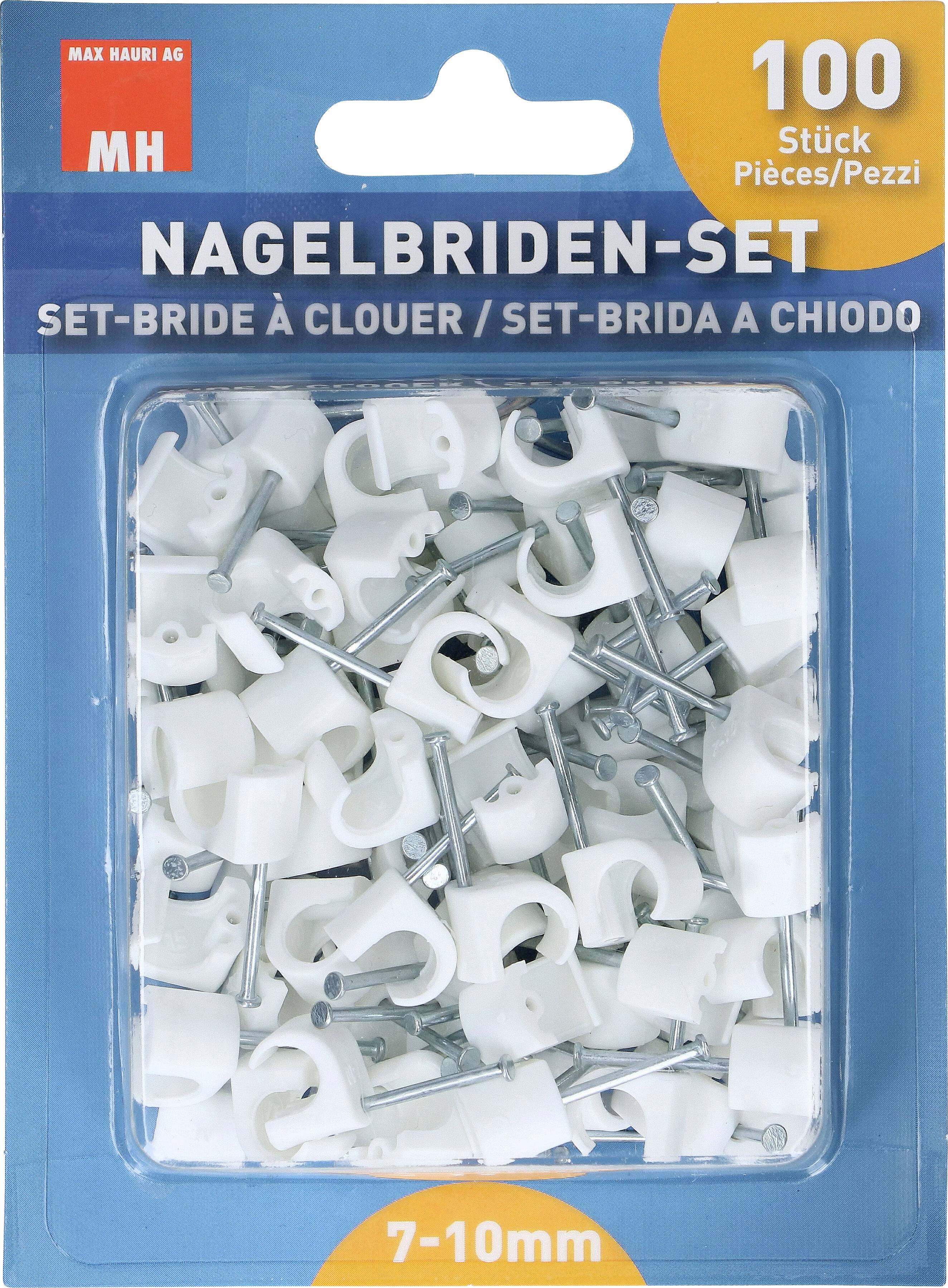 Packung mit 100 weißen Kabelklemmen und Nägeln, geeignet für Kabel mit 7-10 mm Durchmesser. Markenname oben links.