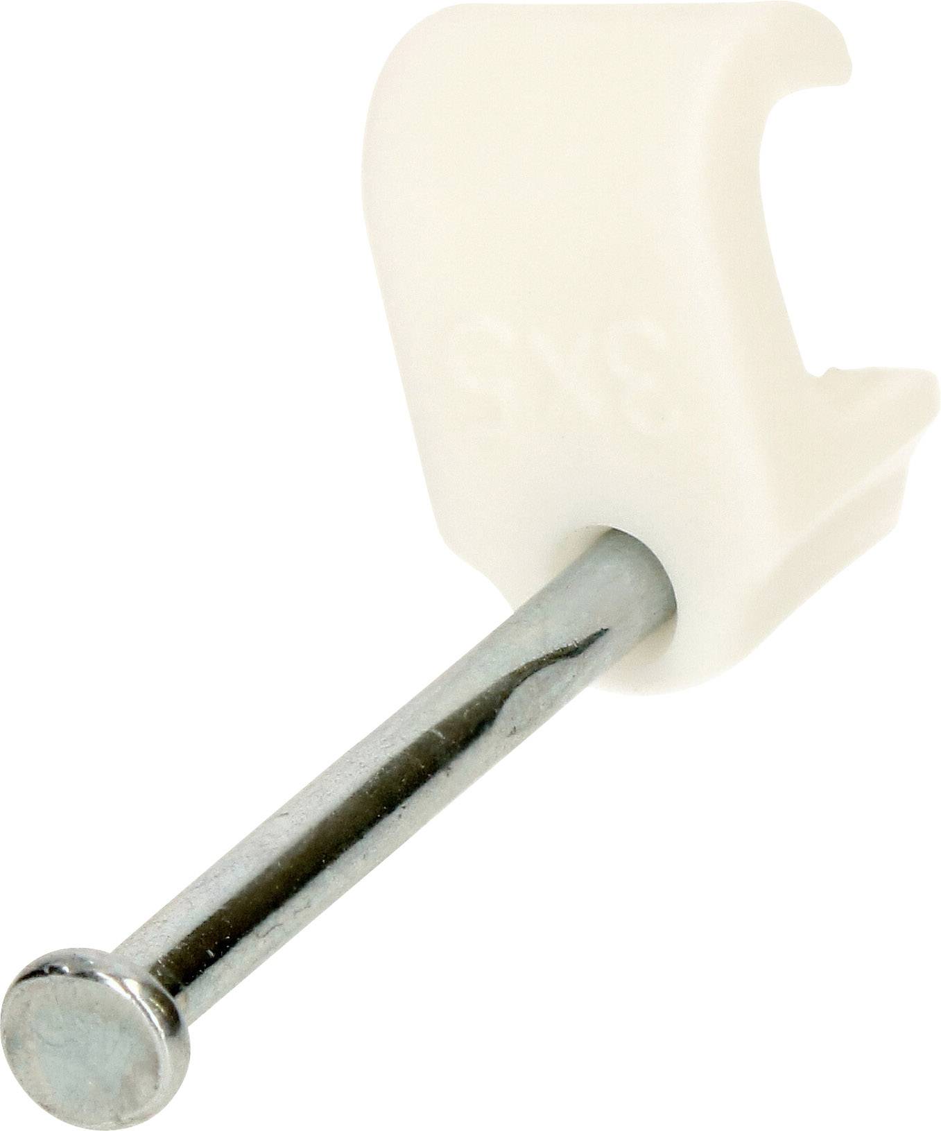 Kabelschelle in Weiß mit integriertem Nagel, geeignet zur Befestigung von Kabeln an Wänden oder anderen Oberflächen.