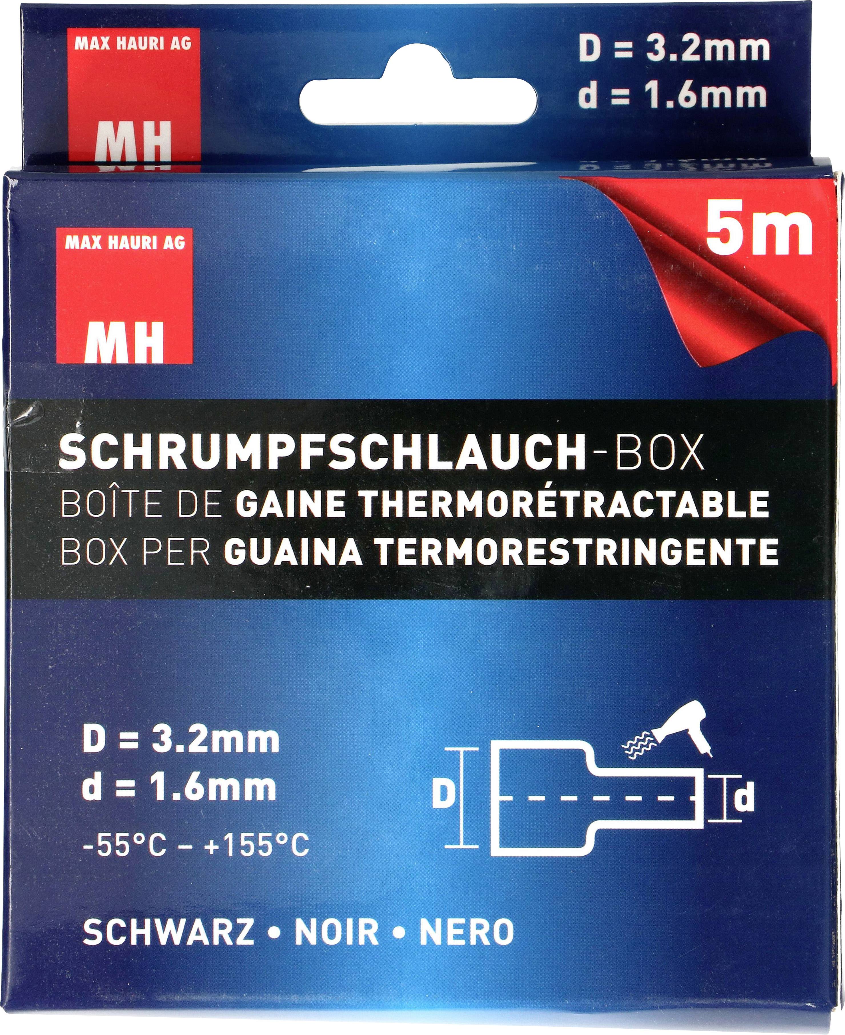 Verpackung eines Schrumpfschlauchs, 5 m Länge. Maße: D = 3,2 mm, d = 1,6 mm. Temperaturbereich: -55°C bis +155°C. Farbe: Schwarz.