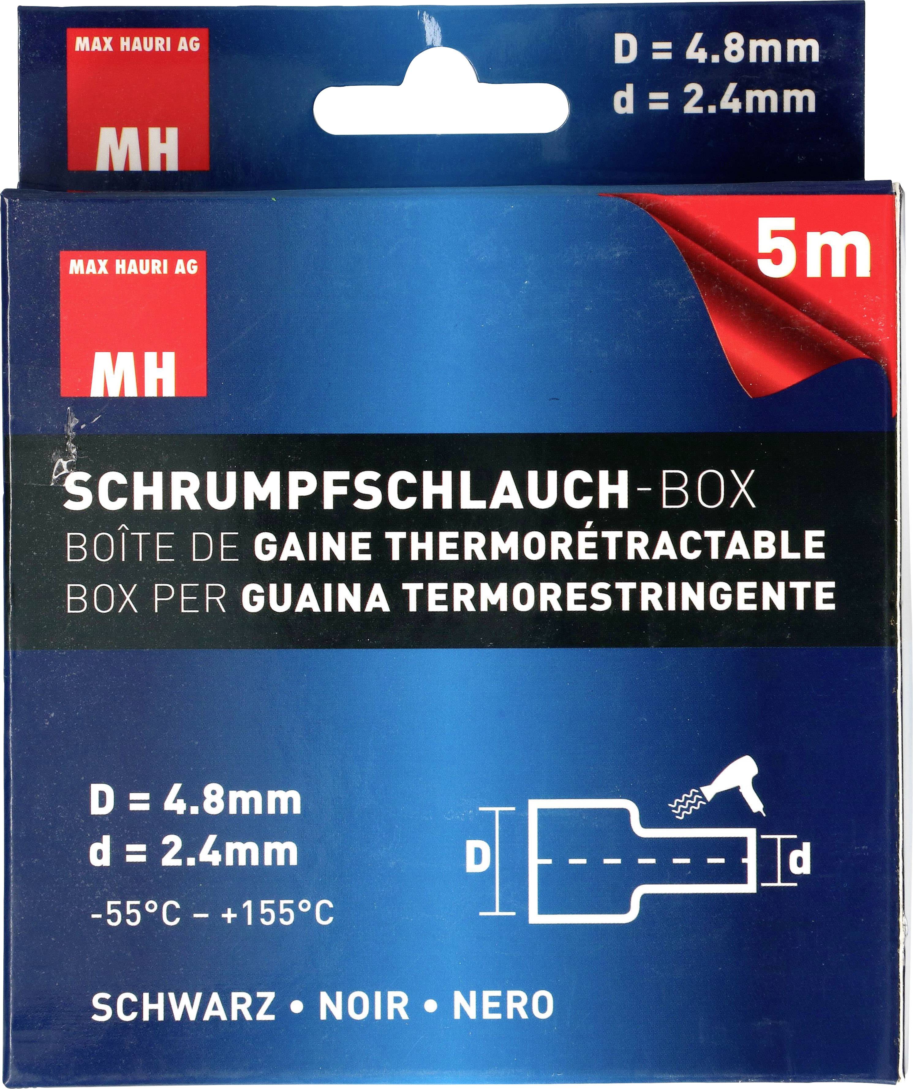 Schachtel mit Schrumpfschlauch, Länge 5m, Durchmesser 4,8mm, schwarz, Temperaturbereich -55°C bis +155°C. Marke Max Hauri AG.