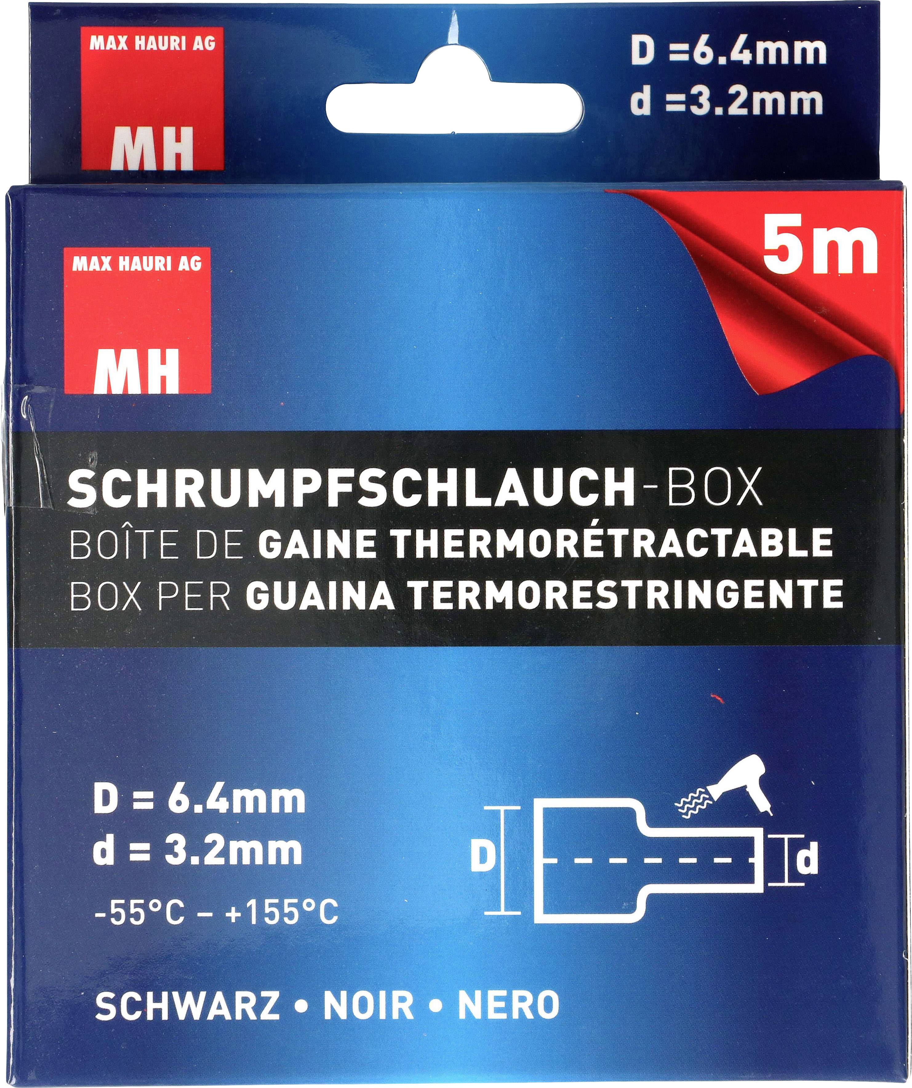 'Schrumpfschlauch-Box' Produktverpackung in Blau und Rot, zeigt Maße: D = 6,4 mm, d = 3,2 mm, Länge 5 m, Temperaturbereich -55°C bis 155°C.