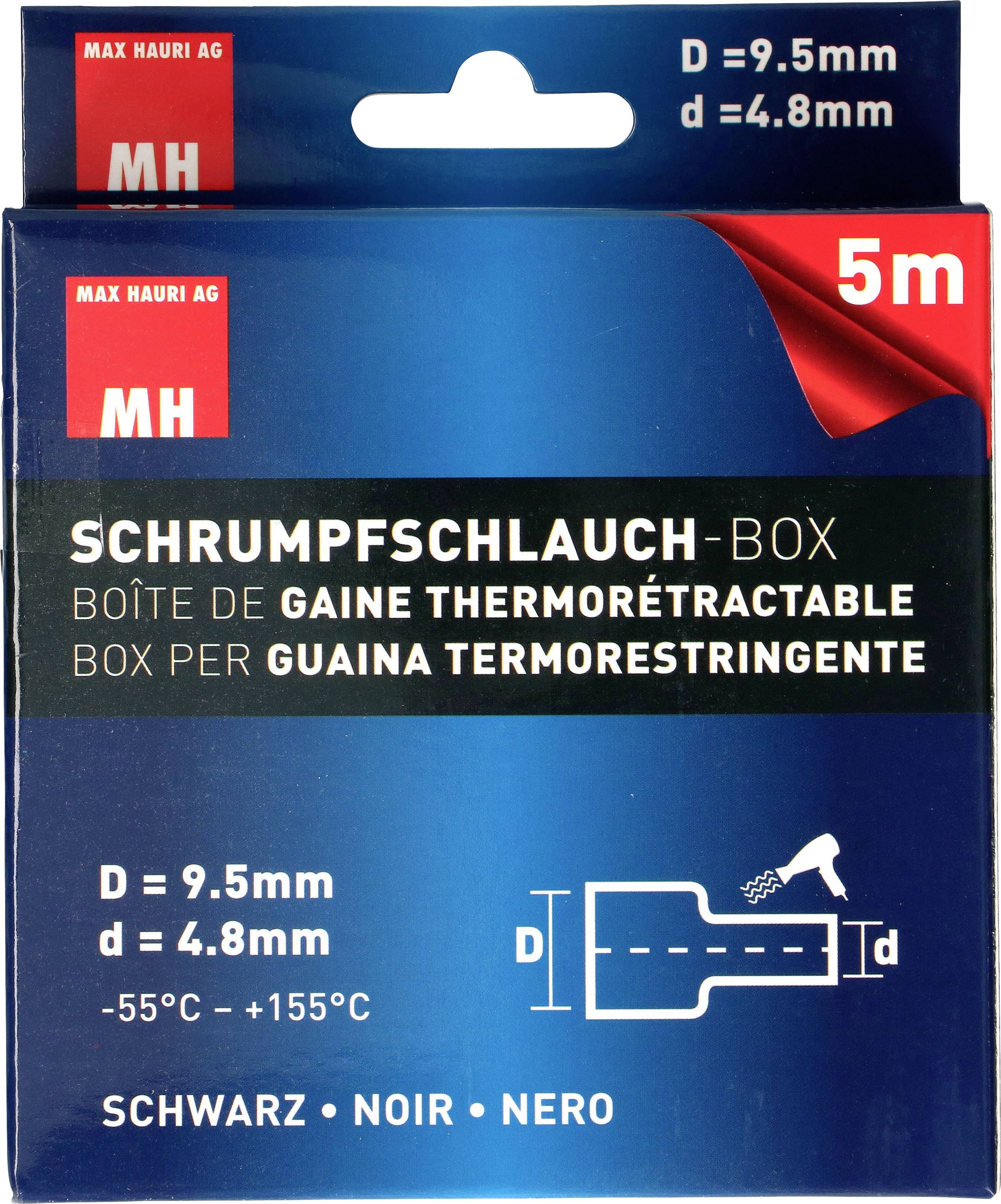 'Schrumpfschlauch-Box' in Blau mit rotem Element. Durchmesser 9,5 mm auf 4,8 mm. Länge 5 m. Temperaturbereich von -55°C bis +155°C.
