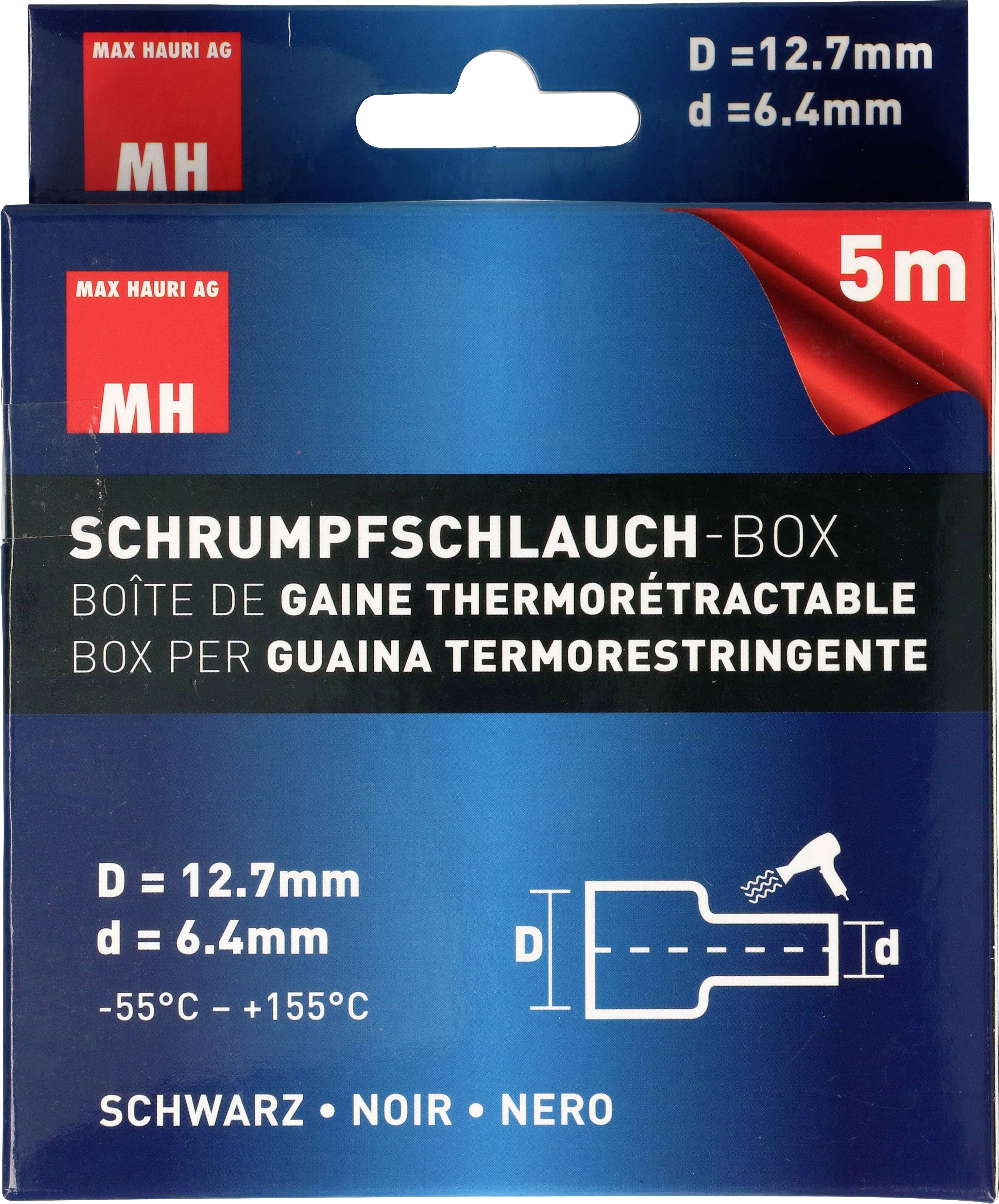 'Schrumpfschlauch-Box' mit der Länge 5m. Durchmesser D: 12,7mm, d: 6,4mm, Temperaturbereich: -55°C bis +155°C. Farbe: Schwarz.