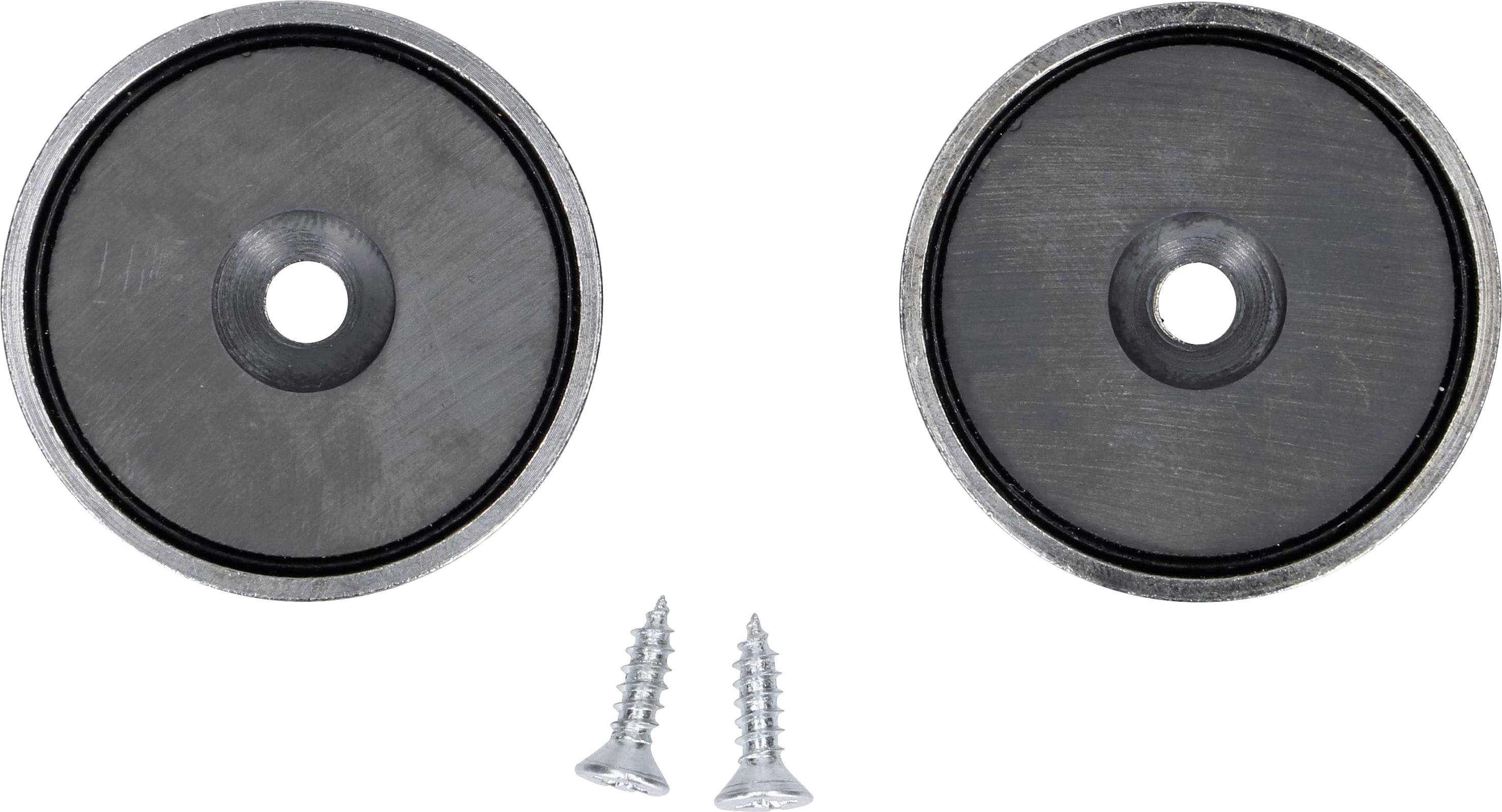 Zwei runde Magneten mit Loch in der Mitte, jeweils mit einer dazugehörigen Schraube darunter.