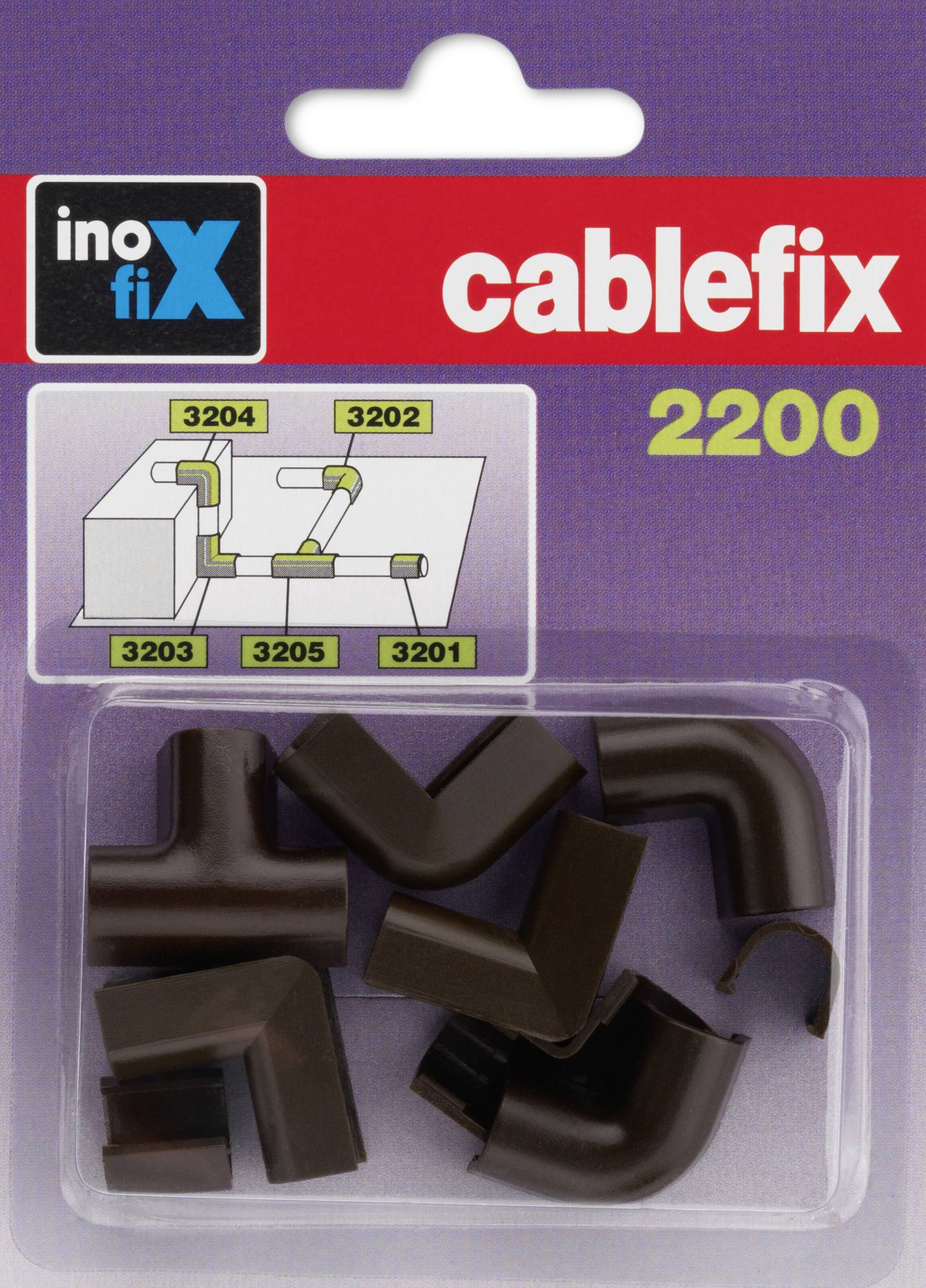 'InoFix cablefix 2200' Kabelbefestigungs-Set. Enthält braune Kunststoff-Eckstücke zur Kabelorganisation. Verpackung zeigt Anwendungsdiagramm.