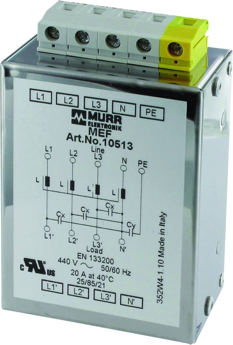 Elektrischer Netzfilter von Murr Elektronik, Modell MEF, Art.Nr. 10513, für 440V, 20A. Anzahl der Anschlüsse und Schaltplan abgebildet.
