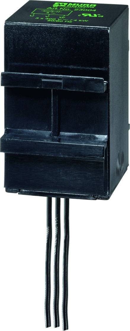 Ein schwarzes, rechteckiges elektronisches Bauteil mit drei herausragenden Kabeln, möglicherweise ein Transformator oder Relais.