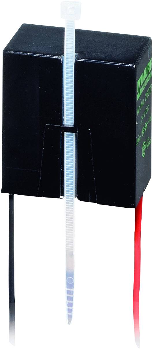 Ein schwarzes elektrisches Bauteil mit roten und schwarzen Kabeln. Es hat eine durchsichtige Kabelklemme in der Mitte.