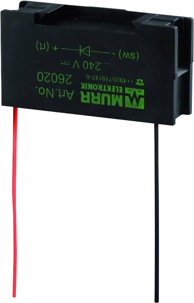 Ein rechteckiger elektronischer Bauteil mit schwarzem Gehäuse, zwei herausragende Kabel, rote und schwarze Beschriftung mit technischen Spezifikationen.