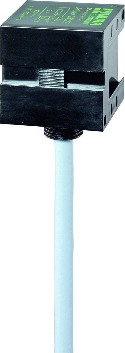 Ein schwarzer rechteckiger Sensor mit einem grünen Aufdruck ist an einem langen, weißen Kabel befestigt.