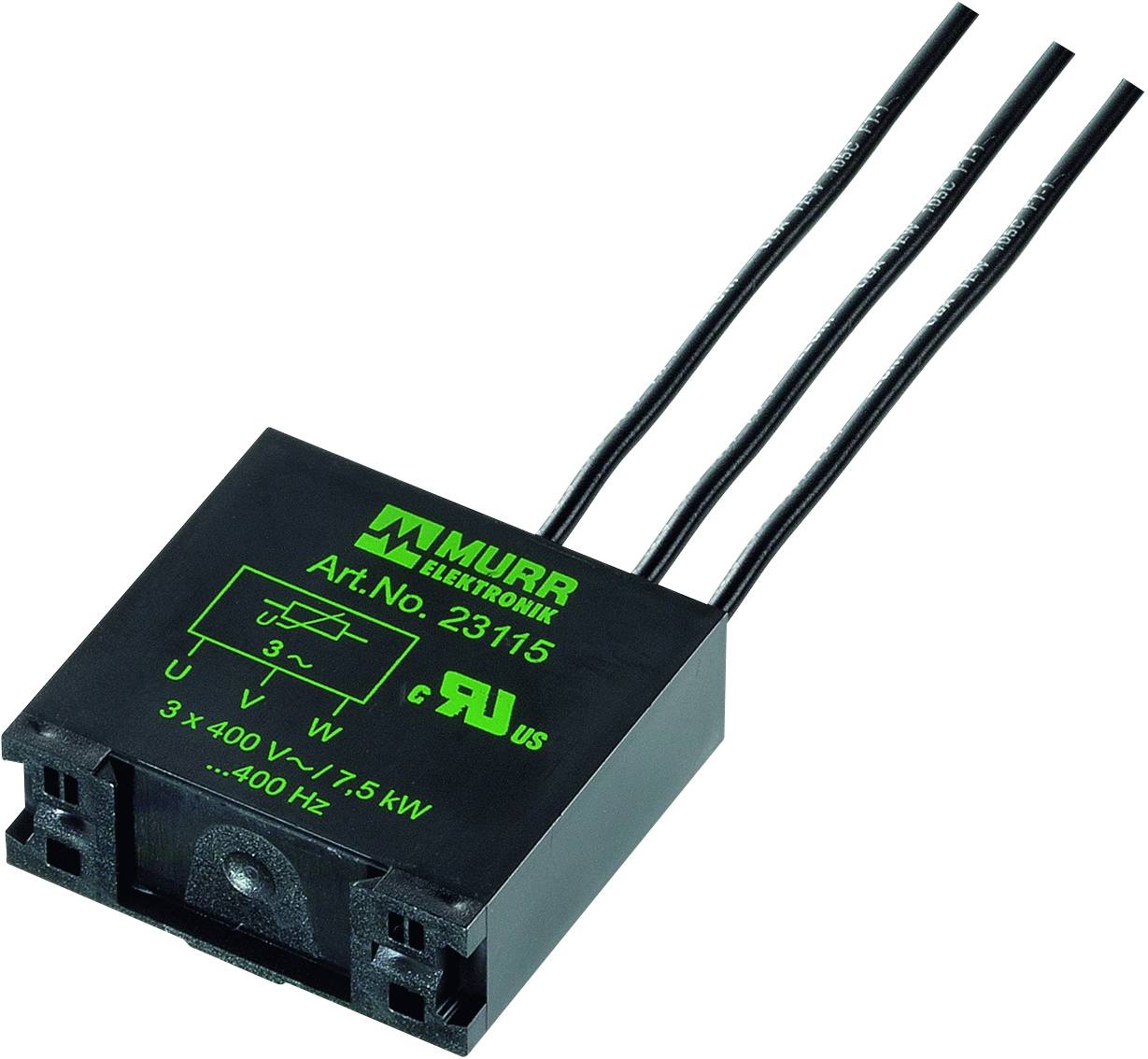 Ein schwarzes elektrisches Bauteil mit drei herausragenden Drähten. Auf der Oberseite sind Markenname, Artikelnummer und technische Spezifikationen aufgedruckt.