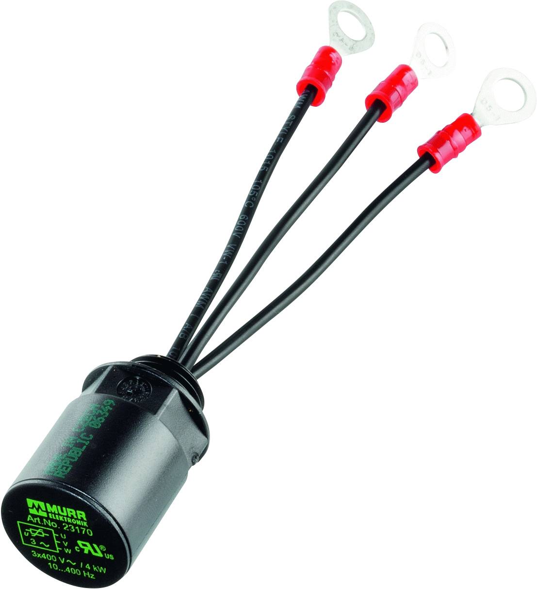 Ein schwarzer elektrischer Kondensator mit drei herausragenden Kabeln, die mit Ösen für die Befestigung enden.