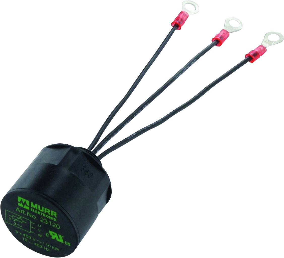 Schwarzer elektronischer Kondensator mit drei Kabeln, deren Enden rote Ringklemmen haben. Markierungen und Logo auf der Oberfläche.