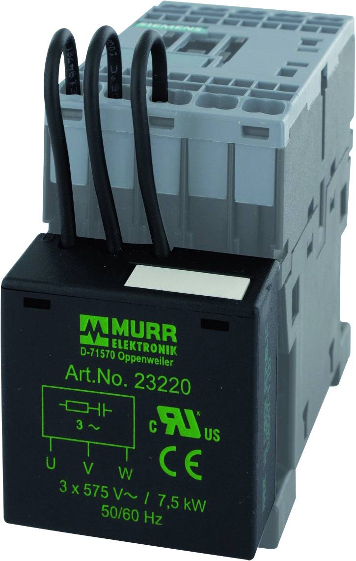 Industrielles Relaismodul von MURR Elektronik, Artikelnummer 23220, geeignet für 3 x 575 V/7,5 kW, 50/60 Hz.