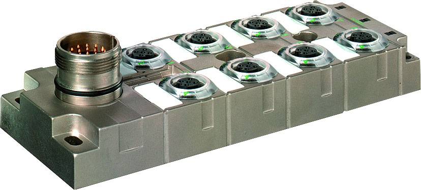 Ein rechteckiges Metallmodul mit mehreren runden Steckanschlüssen, geeignet für industrielle Anwendungen.