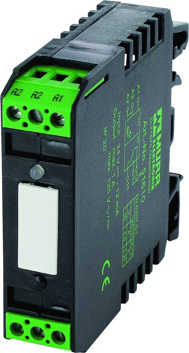 Ein grünes und schwarzes elektronisches Relaismodul mit Beschriftungen für Anschlüsse und technische Spezifikationen.