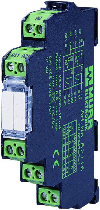 Ein elektronisches Modul von Murrelektronik mit grünen Anschlüssen und weißen Schaltern, verwendet zur Stromregelung und Automation.