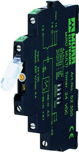 Ein schwarzes elektronisches Timer-Modul von Murrelektronik mit grüner Beschriftung, Modellnummer 52530, Eingangs-/Ausgangsdaten ablesbar.