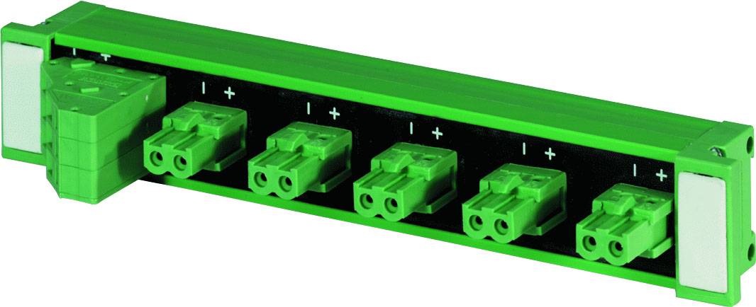 Grüner elektrischer Steckverbinder mit fünf Doppelklemmen, beschriftet mit '+' und '-', zur Stromverteilung.