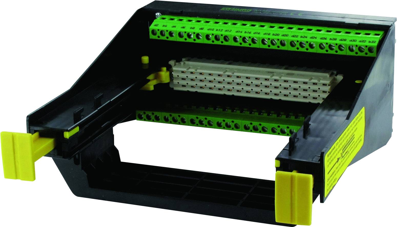 Ein schwarzer Adapter mit grünen Anschlussklemmen und gelben Griffen, vermutlich zur elektrischen Verbindung oder Montage verwendet.