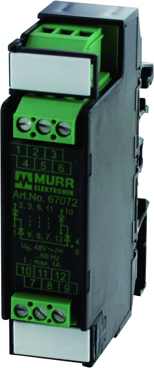 Grünes Elektronik-Bauteil von Murr Elektronik, Artikelnummer 67072. Für 48V, 50Hz. Beschriftet mit Zahlen und Buchstaben.