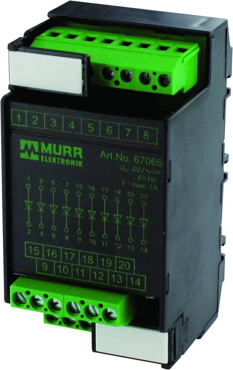 Ein schwarzes elektrisches Gerät mit grünen Anschlüssen und Aufschrift 'MURR Elektronik'. Es zeigt Art.-Nr. 67066 und Spannung.