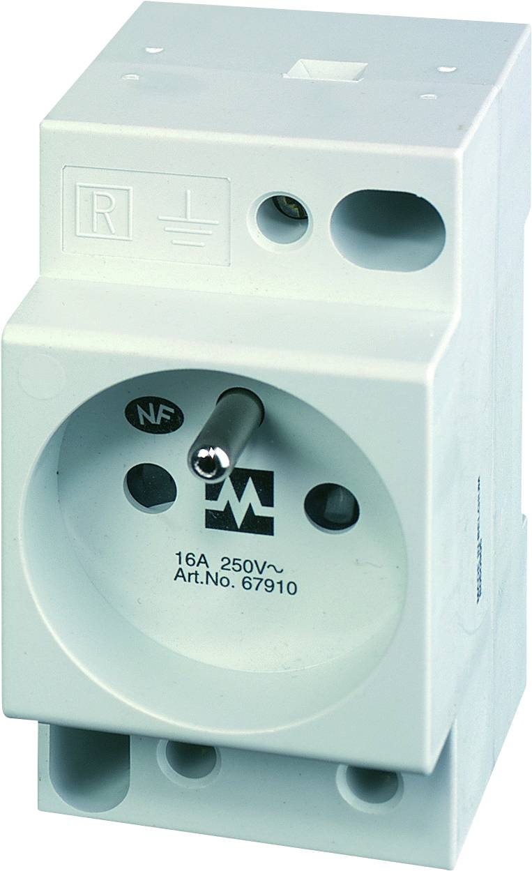 Weiße elektrische Steckdose, 16A, 250V~ mit Erdungszeichen und NF-Zertifizierung, Artikelnummer 67910.