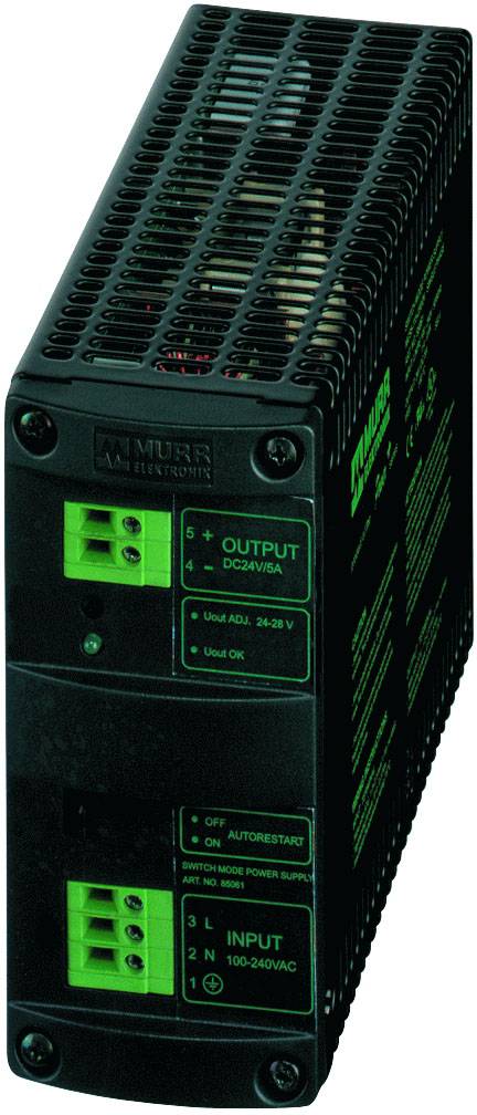 Ein schwarzes, rechteckiges Elektronikgerät mit grünen Beschriftungen zeigt Ein- und Ausgangspunkte für Strom; Markenname oben.