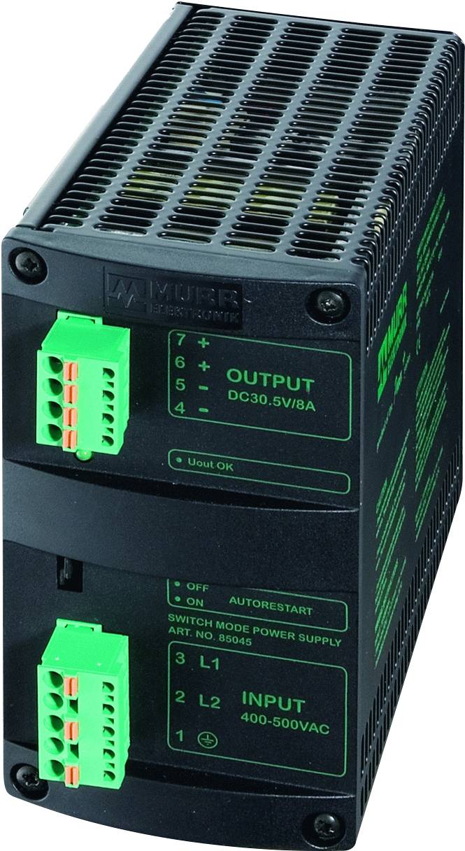 Ein Schaltnetzteil mit zwei grünen Anschlussklemmen, gekennzeichnet für Eingabe (400-500VAC) und Ausgabe (30,5V/8A), mit Sicherheitsmarkierungen.