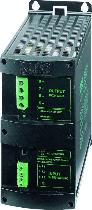 Elektronikgerät mit schwarzem Gehäuse, grünen Anschlüssen und Beschriftungen für Ein- und Ausgänge, zeigt Leistungsdaten und Autostart-Funktion.