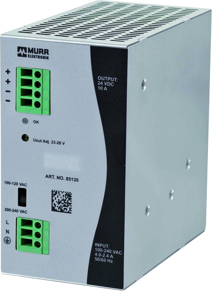 Das Bild zeigt ein Netzteil von Murr Elektronik mit Eingangs- und Ausgangsparametern auf der Vorderseite sowie mehreren Anschlussklemmen.
